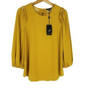 Adrianna Papell Mustard Yellow Polka Dot Keyhole Ruffle Crew Neck Blouse Top M